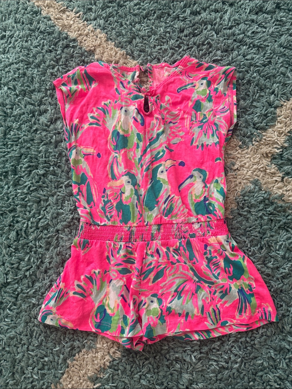 Lilly Pulitzer Pink Tropical Parrot Romper Mommy and Me set, Button loop broken.